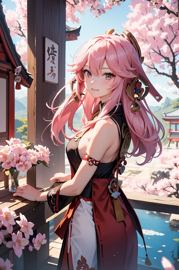 Hair ties, folder, Long eyelashes, Round eyes, A light smile, Ear brush, teeth, Surrealism, Cast a Shadow, Anaglyph, Stereogram, tachi-e, throw, Atmospheric perspective, 8K, Super detailed, Accurate, Highest quality，girl，((Yae Miko in Genshin，Genshin Impact)), Cherry blossom petals surround her, Best Anime，桜の木の前で剣を持っている長い髪のアニメのgirl, anime art wallpaper 4k,A little bit of side boob is visible、White Shrine Maiden Costume
