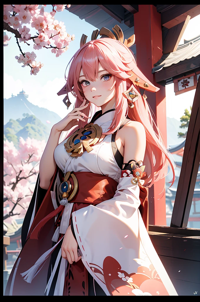 Hair ties, folder, Long eyelashes, Round eyes, A light smile, Ear brush, teeth, Surrealism, Cast a Shadow, Anaglyph, Stereogram, tachi-e, throw, Atmospheric perspective, 8K, Super detailed, Accurate, Highest quality，girl，((Yae Miko in Genshin，Genshin Impact)), Cherry blossom petals surround her, Best Anime，桜の木の前で剣を持っている長い髪のアニメのgirl, anime art wallpaper 4k,A little bit of side boob is visible、White Shrine Maiden Costume
