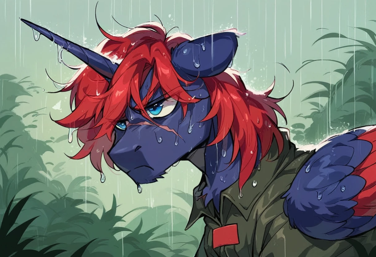 Male alicorn pony, black fur, long red hair, deep blue eyes, red feathers on wings, scar over left eye, red striping, vietnam-era helicopter pilot uniform, boonie hat, in a swamp, raining, wet hair, frown, close-up portrait