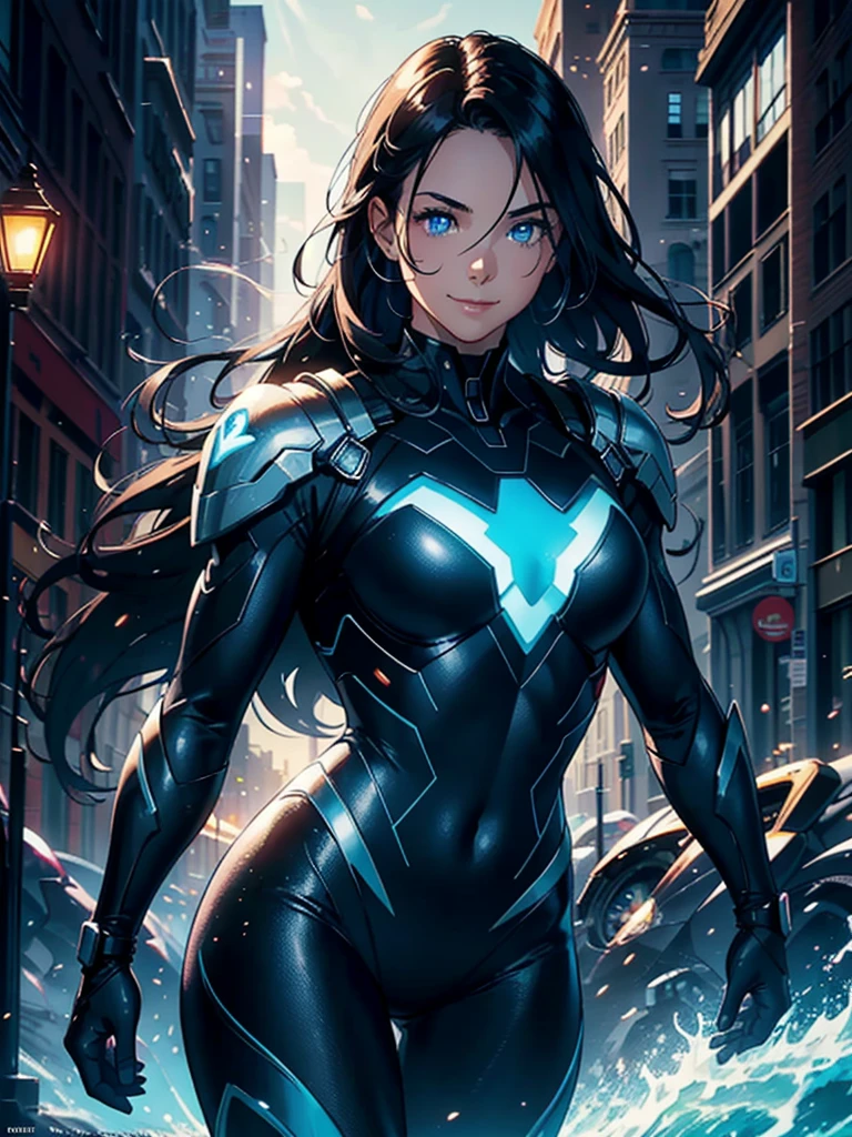 16K, HDR,UHD, RTX, ray tracing, chiaroscuro, best quality, masterpiece, ethereal, perfect illustration, digital artwork, trending on artstation, jaw-dropping perfection, ultra realistic, textured amazing lighting effects, perfect shadows, WLOP, 1girl, beautiful mature edgy woman in a cool long jacket and black pants, superhero suit, stomach covered by clothing, shoulder-length hair, shoulder-length hair, wavy hair, black hair, highly detailed glowing blue eyes, glowing eyes, blue eyes, beautiful glowy blue eyes, detailed eyes, beautiful face, perfect anatomy, broad shoulders, strong upper-body, modern city, city, beautiful weather, stunning sunshine, sunny, daylight, sunlight, modern, nature, daytime, superhero, uplifting, heroic, heroic pose, smiling, smiling at camera, athletic, hands near hips, glowy eyes, daytime, black and blue superhero suit, metal shoulder-pads, summertime, radiant sunlight, beautiful cityscape, hair blowing in wind, manly shoulders, big smile, wide smile, happy eyes, joyful, smiling with teeth, very tall, wide shoulders, tall