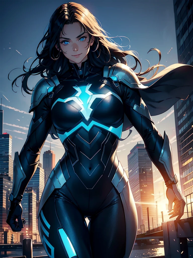 16K, HDR,UHD, RTX, ray tracing, chiaroscuro, best quality, masterpiece, ethereal, perfect illustration, digital artwork, trending on artstation, jaw-dropping perfection, ultra realistic, textured amazing lighting effects, perfect shadows, WLOP, 1girl, beautiful mature edgy woman in a cool long jacket and black pants, superhero suit, stomach covered by clothing, shoulder-length hair, shoulder-length hair, wavy hair, black hair, highly detailed glowing blue eyes, glowing eyes, blue eyes, beautiful glowy blue eyes, detailed eyes, beautiful face, perfect anatomy, broad shoulders, strong upper-body, modern city, city, beautiful weather, stunning sunshine, sunny, daylight, sunlight, modern, nature, daytime, superhero, uplifting, heroic, heroic pose, smiling, smiling at camera, athletic, hands near hips, glowy eyes, daytime, black and blue superhero suit, metal shoulder-pads, summertime, radiant sunlight, beautiful cityscape, hair blowing in wind, manly shoulders, big smile, wide smile, happy eyes, joyful, smiling with teeth, very tall, wide shoulders, tall