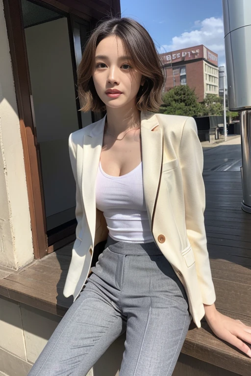 (Highest quality、Ultra-high resolution、masterpiece、8K、Realistic raw photo)、(Delicate face、Detailed eyes and face、Watery eyes、double eyelid、Glossy lips), ((1 girl)) 、Very beautiful woman、Slender、Slim Big、Sharp long legs、Alluring and sexy、(Random color blazer:1.2)、(Random color business pants:1.2)、(High heels)、Cleavage、High-definition skin texture、The wind is blowing、Sunlight shining、Modern architecture in the background、Above the knee shot、((Perfect Anatomy、Anatomically correct:1.2))
