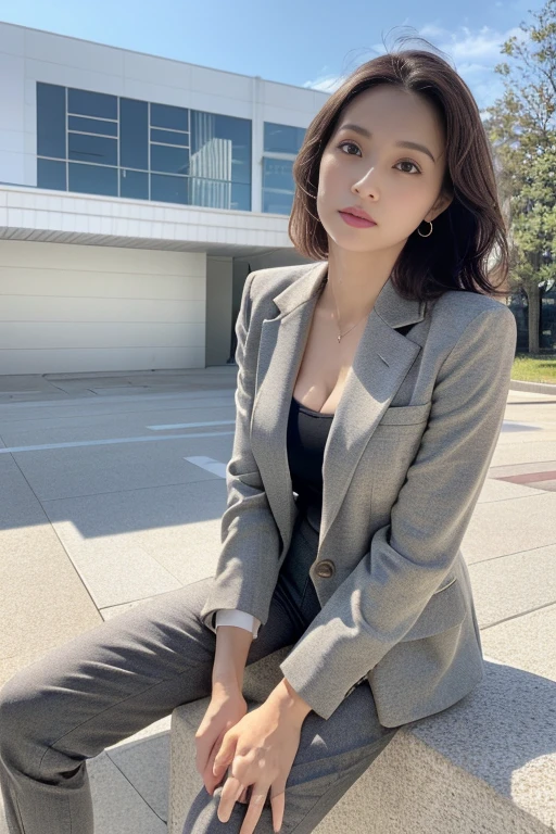 (Highest quality、Ultra-high resolution、masterpiece、8K、Realistic raw photo)、(Delicate face、Detailed eyes and face、Watery eyes、double eyelid、Glossy lips), ((1 girl)) 、Very beautiful woman、Slender、Slim Big、Sharp long legs、Alluring and sexy、(Polka dot blazer:1.2)、(Polka dot skirt:1.2),(silk pantyhose:1.1),(High heels)、Cleavage、High-definition skin texture、The wind is blowing、Sunlight shining on face and body、Modern architecture in the background、Above the knee shot、((Perfect body、Two Hands、Two Legs、Two detailed pairs of shoes、Perfect Anatomy、Anatomically correct))
