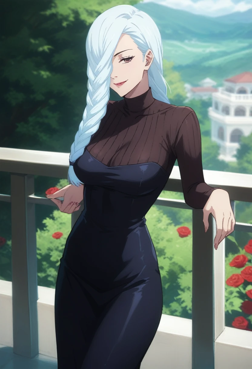 score_9, score_8_up, score_7_up, score_6_up, h1m3n0, 1girl, , mature female,  Mei Mei , white braided hair, hair over one eye, black tight dress, seductive smile, balcony, seductive pose