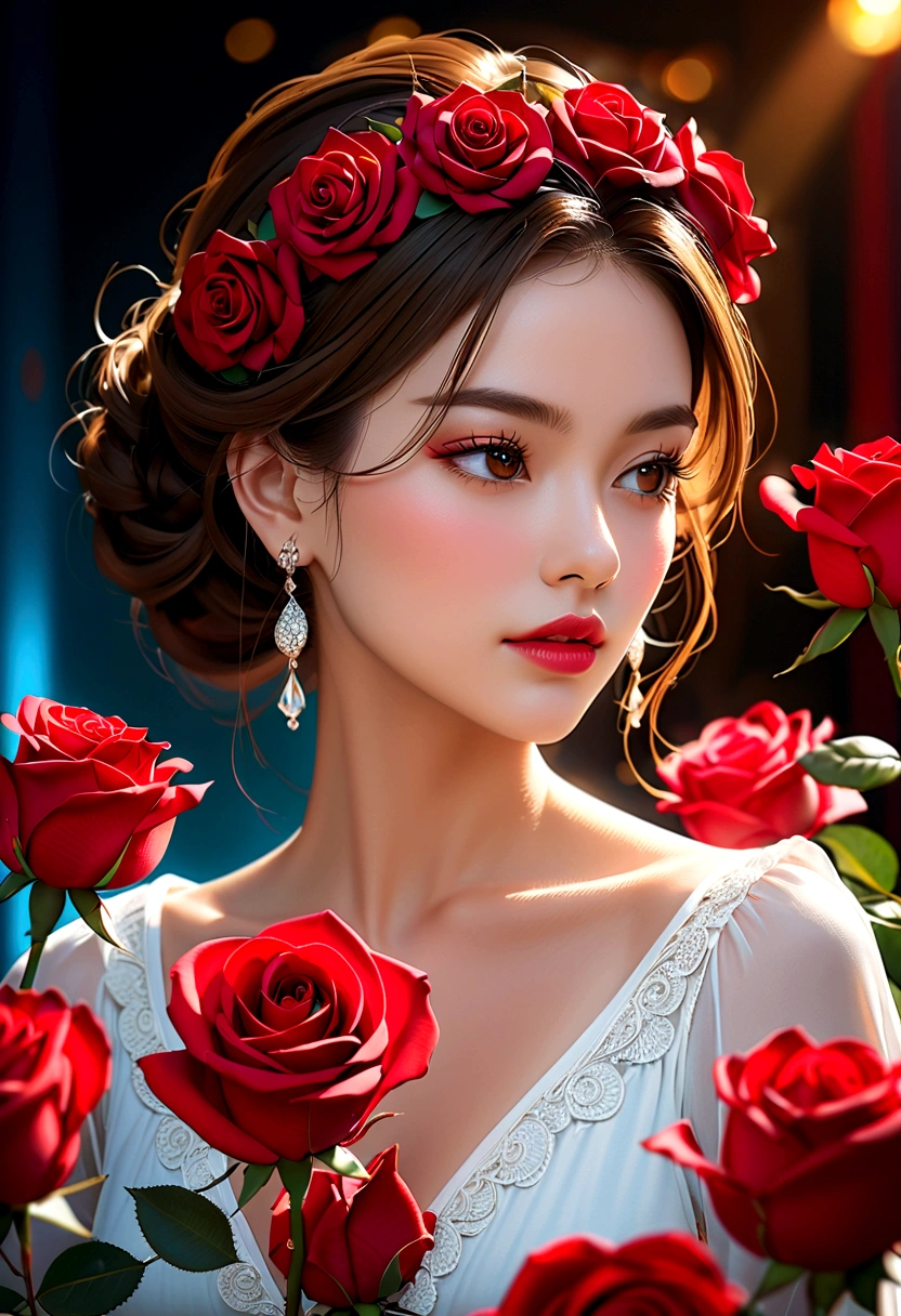 There is a woman wearing a white dress、Woman with a red rose in her hair