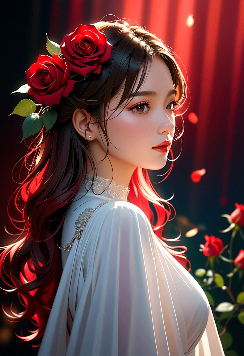 There is a woman wearing a white dress、Woman with a red rose in her hair