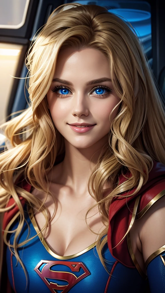 The character Supergirl, perfect costume, shiny blue eyes, extremely beautiful blond hair, red cape, smooth curves, beautiful smile