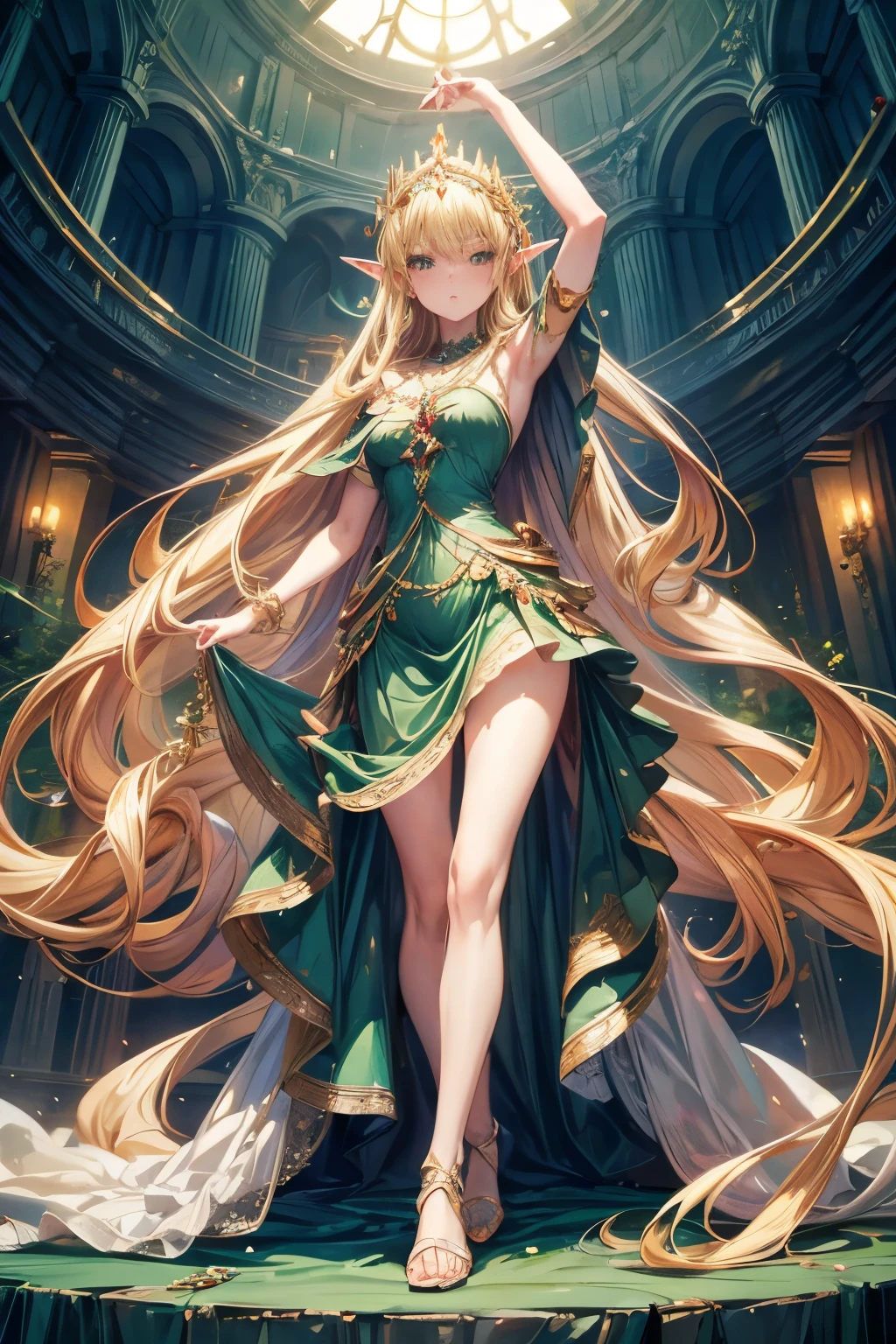 masterpiece,Highest quality,Very detailed,Dancing Elf Girl, ager,Long blonde hair,Very beautiful and detailed eyes,Thin legs,Long skirt, underweight,Small breasts, full body,Beautiful peppermint green dress,Large ruby necklace,gem,Luxurious cape,A luxurious palace