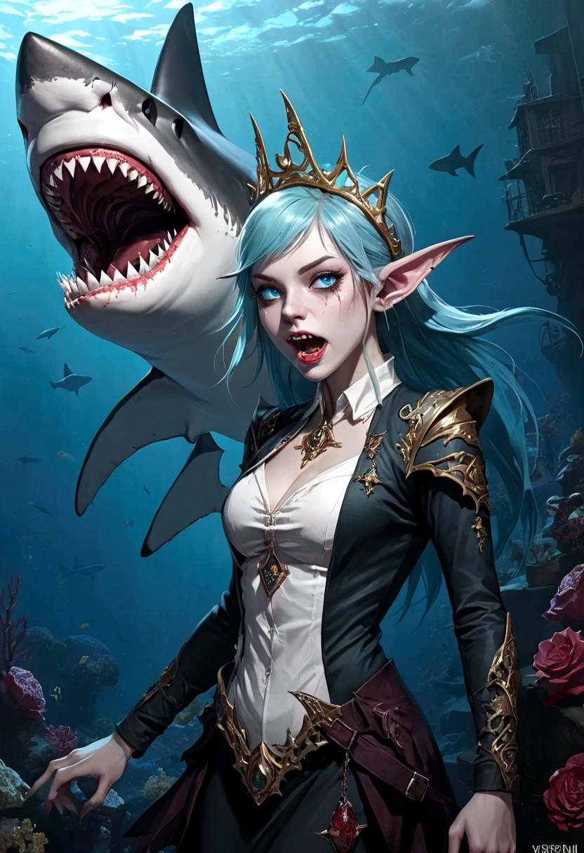 Fantasy Undersea,(((Shark Elf Girl))),blue eyes,Sharp Fangs,Shark fin feature on back,look back,Blood stains at the corners of mouth,fierce,close up,Gothic Art,Dark Wind,Dilapidated cabin of a sunken ship,Zombie style,Alternative,Hand holding human skull