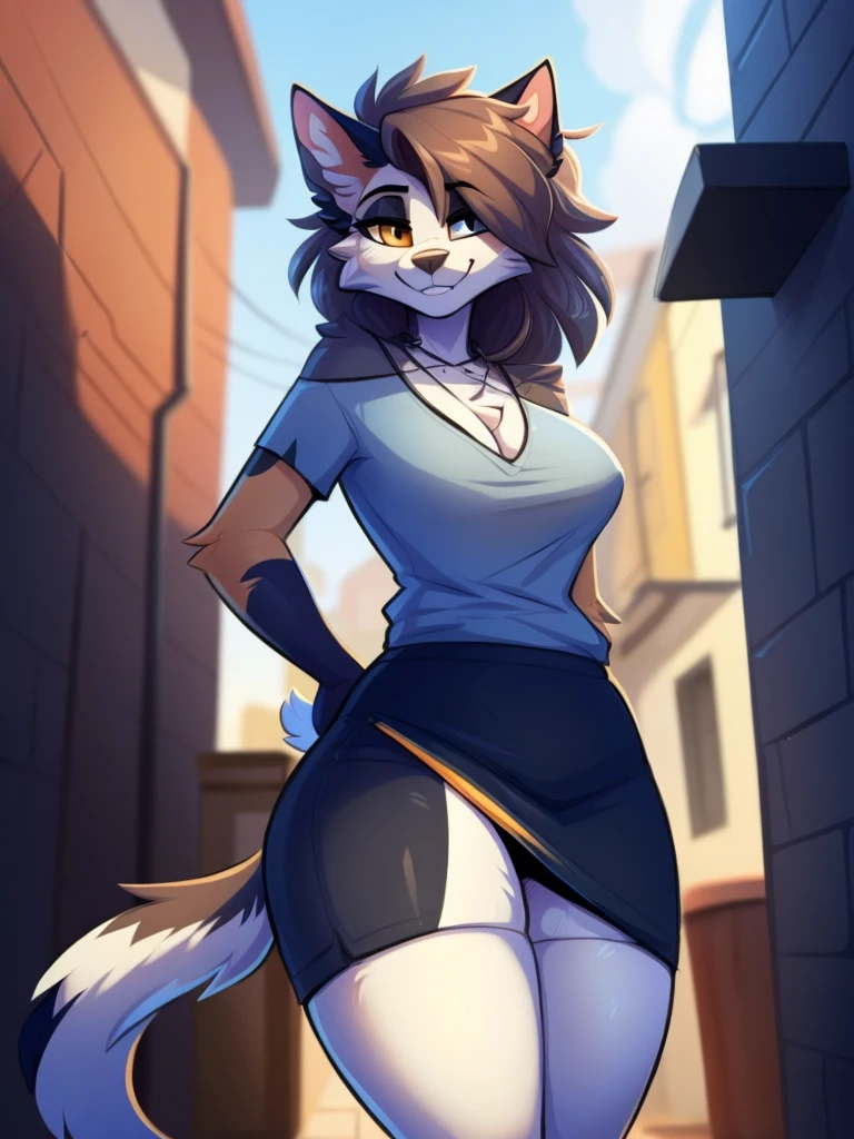 by Kilinah, de Coffeesoda, by hioshiru, by Kilinah, uploaded e621, appealing and detailed portrait of a woman (((female))) anthro cat boy, Zenemic Lighting, seducer, bl, cat boy, thick-thighs, large breasted, all-body, appealing, Messy hair, chestnut hair, eye white, thick, standing alone, standing, long hair, 2 tone hair ((orange | black)), cat boy ears, tabas, tabas, thick-thighs, Calico cat boy, heterochromia ((putridity | blue)), moletom black, black skirt, dark alley, he finished, moletom detalhado, peitos enormes, coxas grossas, coleira de cachorro