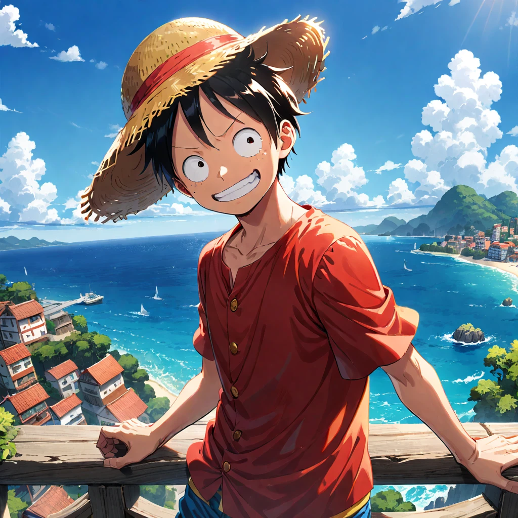 1boy, hat, straw hat, monkey d. luffy, male focus, solo, sky, cloud, outdoors, black hair, day, red shirt, shirt, ocean, blue sky, scenery, cityscape, short sleeves, ((medium quality)), ((medium quality))