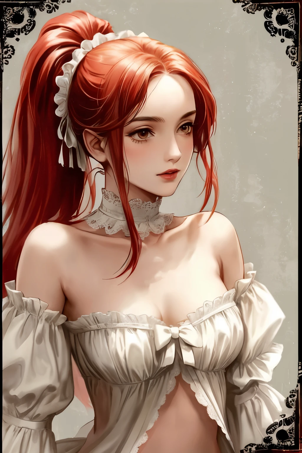((best quality)), ((masterpiece)), (detailed), NSFW, small breasts, prominent collarbones, skinny arms, flat stomach, visible hip bones, long hair, red hair, white hair, blonde hair, dark hair, ponytail, thick ponytail, heavy ponytail, red and white clothing, Bloodborne inspired, occult aesthetic, occult, detailed and intricate steampunk and detailed gothic, NSFW Fluttering lace frilly petticoats, pleated petticoats 