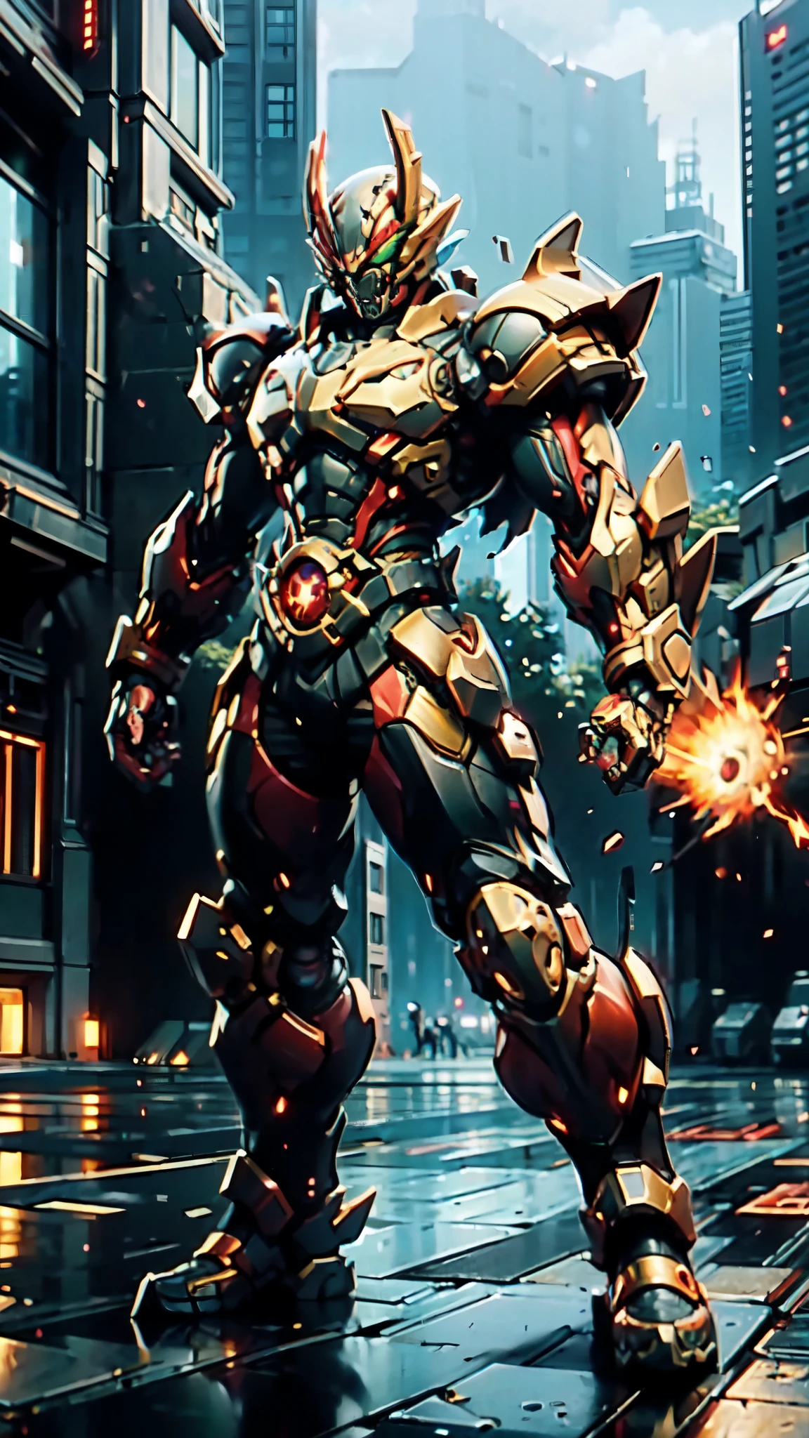 (masterpiece:1.5, best quality:1.5, extremely delicate:1.5, perspective:1.5, foreshortening:1.5, dynamic angle:1.5), a man wearing a full-face helmet, a fantasy-style biotech armored combat suit, green eyes, (a composite layered chest armor), fully enclosed shoulder guards, matching arm and leg guards, the belt is adorned with fangs biting into orbs, (the color scheme is primarily black with red accents), the design balances heavy with agility, a high-tech bio-mecha armor, (Armor Concept Inspired by Bat, stand on the top of a skyscraper in a futuristic sci-fi city), this character embodies a finely crafted fantasy-surreal style armored hero in anime style, exquisite and mature manga art style, (element, plasma, energy, the armor glows), ((male:1.5)), metallic, high definition, highres, ultra-detailed, ultra-fine painting, professional, perfect body proportions, golden ratio, anatomically correct, symmetrical face, extremely detailed eyes and face, high quality eyes, creativity, RAW photo, UHD, 32k, Natural light, cinematic lighting, masterpiece-anatomy-perfect