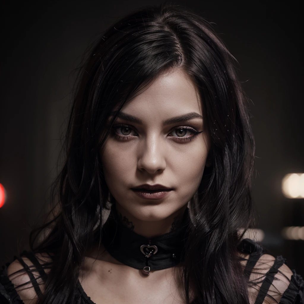 A 23-year-old gothic girl with jet-black medium-length hair, with vibrant red tips. Her hair is brushed to one side, clearly revealing the other side of her head, which is shaved. She has piercing eyes with heterochromia: her right eye is dark green and her left eye is dark violet. She wears only black makeup: black eyeshadow, black eyeliner, and black lipstick. Her face is slender, exceptionally beautiful, with a mysterious expression and no smile. Make sure the red tips of her hair are clearly visible, and the shaved side is distinct., streaked hair, Surrealism, cinematic lighting, first-person view, Gothic art, UHD, best quality, high details