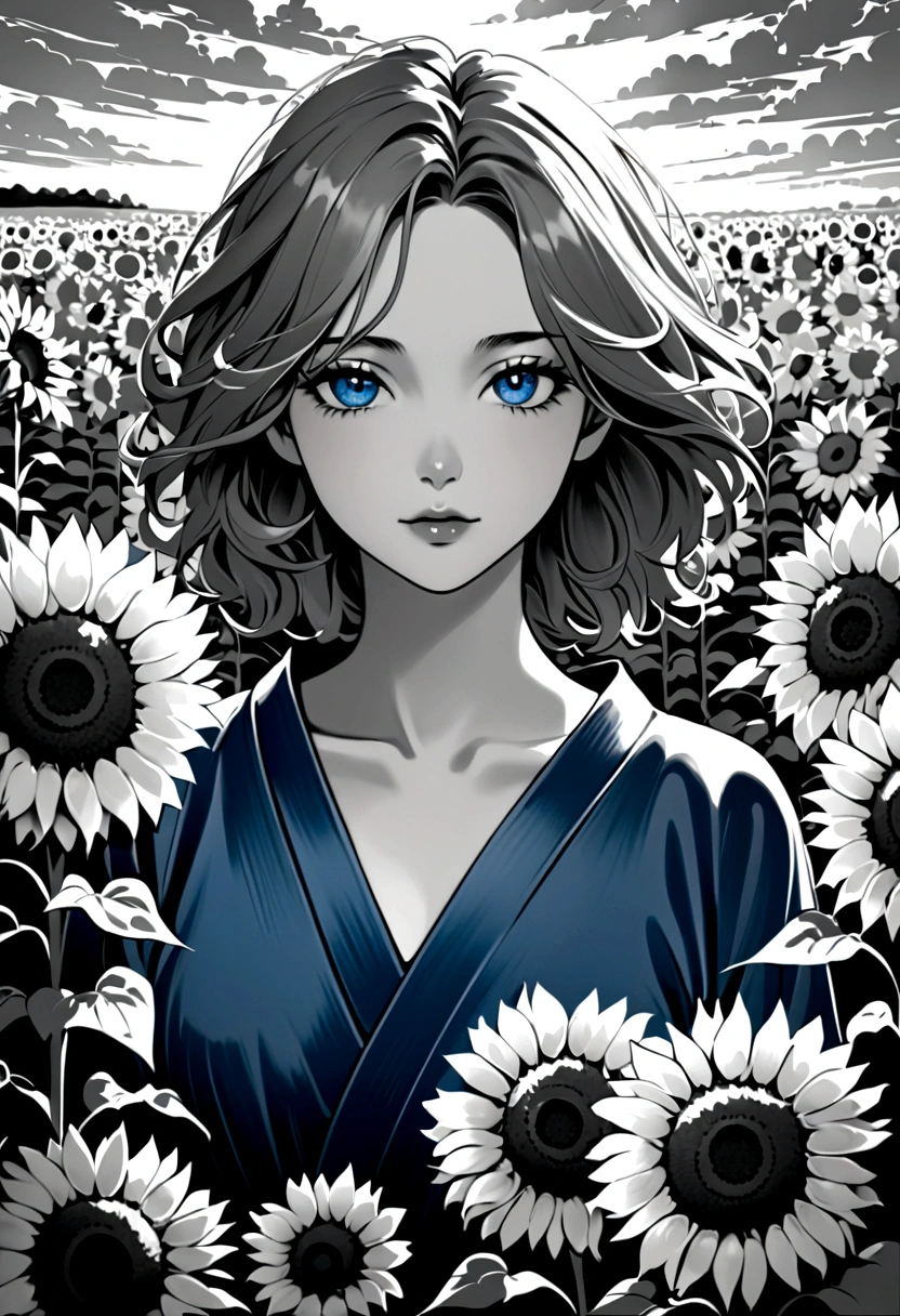 The composition of fictional characters, Dressed in young blue flowers, Surrounded by sunflowers, main character, With eyes open, His hair was blown by the wind, Sun heals, Close-up monochrome painting, Lovely, Dreamy, Oil painting style, acrylic paint,, Japanese, Interesting concept, Interesting-ar 3:4 - Has 20 - More than 5