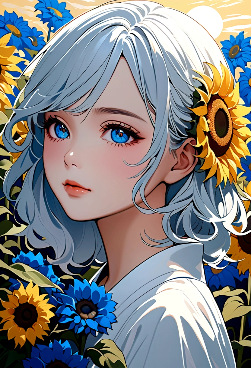 The composition of fictional characters, Dressed in young blue flowers, Surrounded by sunflowers, main character, With eyes open, His hair was blown by the wind, Sun heals, Close-up monochrome painting, Lovely, Dreamy, Oil painting style, acrylic paint,, Japanese, Interesting concept, Interesting-ar 3:4 - Has 20 - More than 5