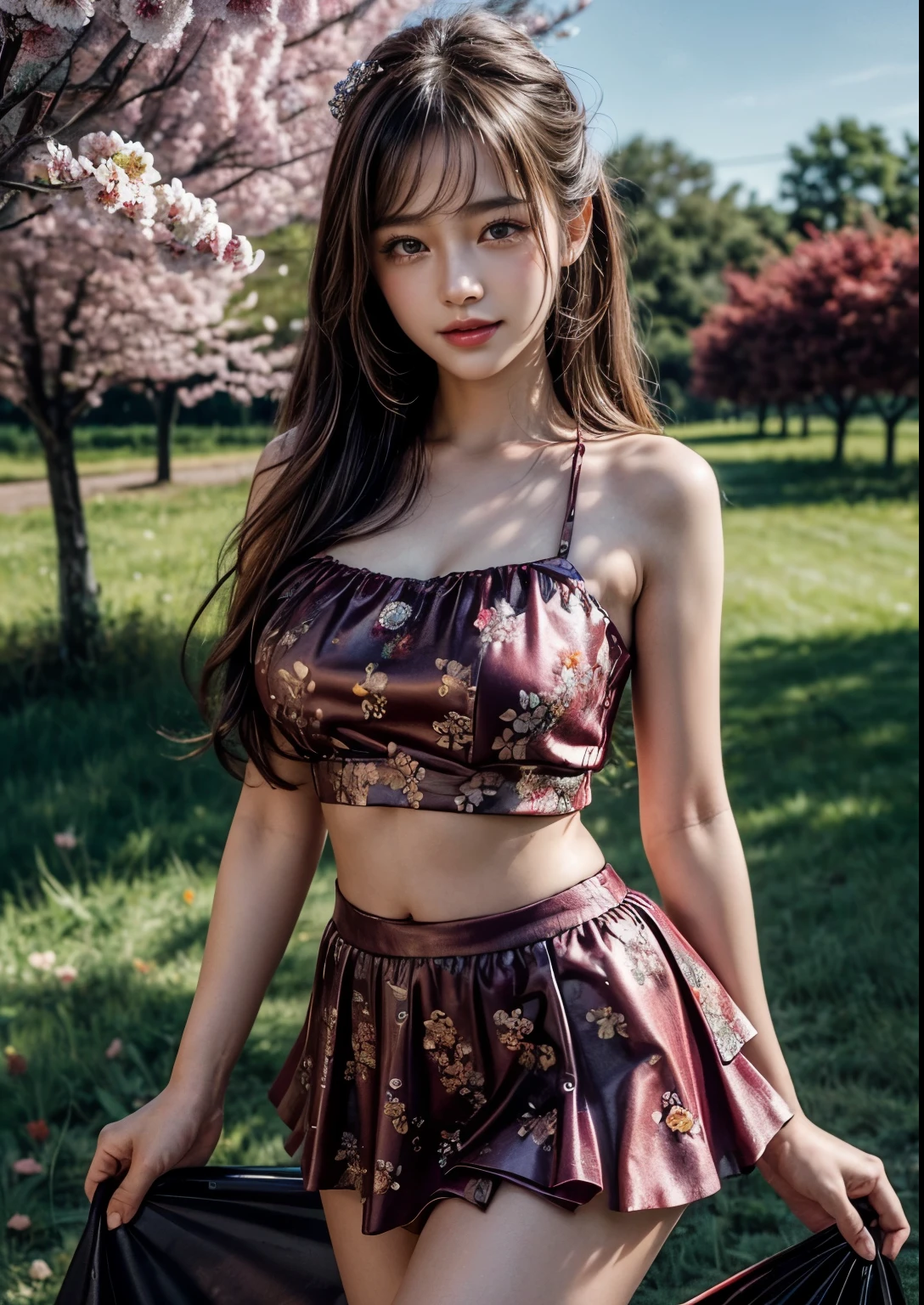 a beautiful Korean young pretty girl, (((15 years young girl))), detailed face with beautiful eyes and lips, long black hair, stylish hair, hair pin, romantic Eyes, beautiful eyes, smiley face, happy face, glow face, super round young breasts, glow skin, bright skin, realistic skin, realistic smile, cutest smile, realistic body, ((Tulip flower magenta colour silky Glitter Floral Print Crop Tube Top with Ballet core Low Waist Bow Accent Layered Lace-Trim Mini Skirt)), ((ultra detailed Floral Print Crop Tube Top with Ballet core Low Waist Bow Accent Layered Lace-Trim Mini Skirt)), detailed dress, stylish dress, High resolution dress quality, stylish look, stylish angle, standing in front of red cherry ripe orchard, surrounded by red cherry ripe, beautiful ripe orchards, detailed ripe red cherry, (red cherry juice in glass and hand jar), red cherry trees, detailed red cherry's, detailed red cherry trees, red cherry ripe America, American red cherry ripe forming fields, cherry farms, red cherry ripe forming, detailed red cherry ripe forming harvest, red cherry boxes, red cherry packing boxes, red cherry lots in orchard, many red cherry's in trees, red cherry picking machines and vehicles, ((one hand putting on with her chest another hand on thigh angle)), standing, photorealistic, realistic, masterpiece, ultra-detailed,8k, (best quality,8k,highres,masterpiece:1.2),ultra-detailed,(realistic,photorealistic,photo-realistic:1.37), highly detailed, cinematic lighting, vibrant colors, warm tones, masterpiece, highres, warm lighting, vibrant colors, soft focus, elegant, cinematic, highly detailed, professional digital art, UHD, Ultra HD, ultra realistic, hyper realistic, ultra sharp, vivid, realistic atmosphere, Beautiful rally atmosphere in background, beautiful background, detailed red cherry ripe harvest background, hyper-detailed background, cinematic photography, award winning Photography, Very High Resolution picture quality, full-body shot,
