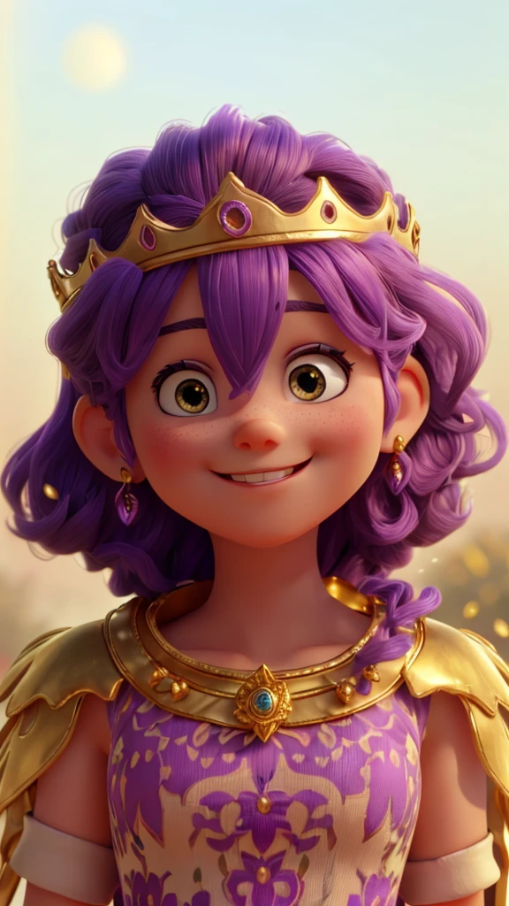  wearing a golden crown smiling at the camera, the background of the image is mixed purple and pink 