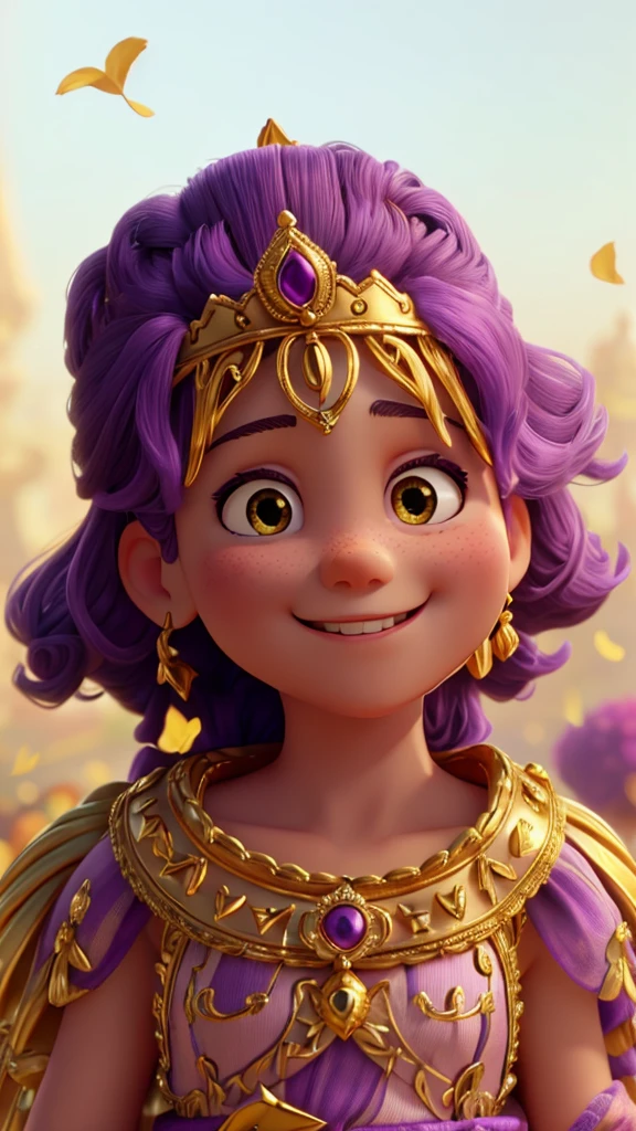 wearing a golden crown smiling at the camera, the background of the image is mixed purple and pink