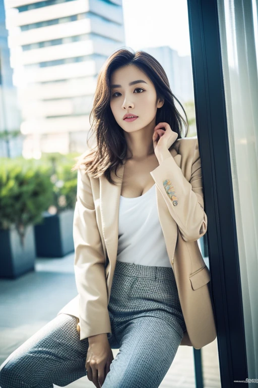 (Highest quality、Ultra-high resolution、masterpiece、8K、Realistic raw photo)、(Delicate face、Detailed eyes and face、Watery eyes、double eyelid、Glossy lips), ((1 girl)) 、Very beautiful woman、Slender、Slim Big、Sharp long legs、Alluring and sexy、(Random color blazer:1.2)、(Random color business pants:1.2)、(High heels)、Cleavage、High-definition skin texture、The wind is blowing、Sunlight shining、Modern architecture in the background、Above the knee shot、((Perfect Anatomy、Anatomically correct:1.2))