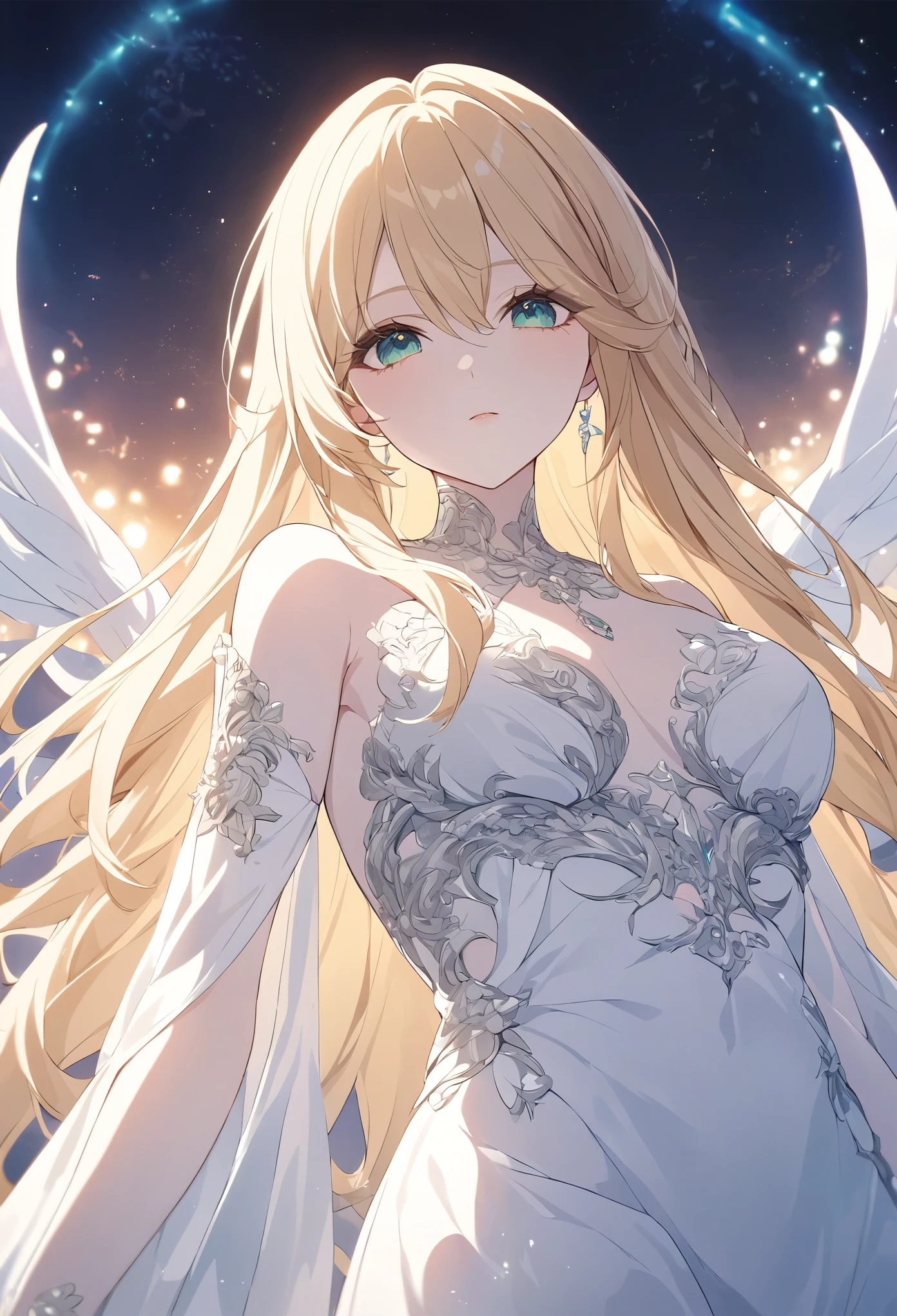 High resolution RAW color art, animation,Sculpture, Silver Marble Skin, (((Highly detailed elegant))), Magical atmosphere, Detailed skin, texture,(Exquisitely crafted, The finer details, Ultra-detailed art), Depth of written boundary, Bokeh, Silky Touch, Hyper Detail,,euphilia, One Girl,Anime girl with long blonde hair and dark turquoise eyes in a white dress, Green Eyes,Beautiful Eyes, Elegant face, Magic City, sunrise, Upper Body, (Big Hips, View from below), Under the chest