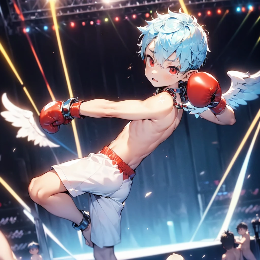 (solo:2), (boldline:-1.7), (boxing:1.5), (fighting pose:1.5), (arched back:1.1), (twin angel wings on his back:1.6), (halo on his head:1.3), (standing on stage:1.5), (spread legs), BREAK (red groves:1.8), (((fang))), (((best finger))), (((best arms))), (((best legs))), BREAK (best quality:1.5), (absolutely resolution:1.4), (ultra detailed:1.5), (masterpiece:1.5), (perfect face), (detailed face), (detailed eyes), (best eyes), (cute face), (shota:2), BREAK (topless:2), BREAK (purple boxing pants:1.3), (skinny:1.3), BREAK (light blue hair:1.5), (spiked hair), (wine red eyes:1.4), (eyes with highlight:1.6), ((mole under eye)), (sweaty skin), (singing:1.4), ((earrings)), (angy:1.5), (shiny skin:1.3), BREAK  (stadium:1.5), (many peple:1.5), (spot light), ((wind blowing)), ((nipple)), (abs), (groin), (chain around neck:1.5), (shackles:1.6), from above, 