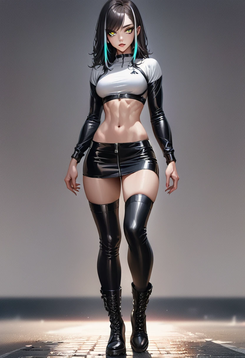 beautiful girl, ((standing:1.4)), (confident gaze:1.1), full body, (short bright neon streaked black hair:1.3), ((realistic highly detailed eyes:1.4)), ((seductive pose:1.2)), fit, Athletic, lean, slender abs, black eyeshadow, (street style wear:1.2), ((short skirt)), ((knee high leather boots)),((light plain background:1.4)), dark makeup, digital art, trending on artstation, highly detailed, fine detail, intricate, detailed facial features, sharp focus, smooth, aesthetic,