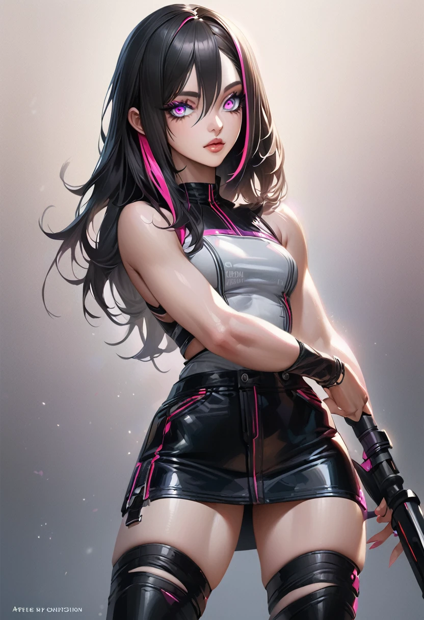 beautiful girl, ((standing:1.4)), (confident gaze:1.1), full body, (short bright neon streaked black hair:1.3), ((realistic highly detailed eyes:1.4)), ((seductive pose:1.2)), fit, Athletic, lean, slender abs, black eyeshadow, (street style wear:1.2), ((short skirt)), ((knee high leather boots)),((light plain background:1.4)), dark makeup, digital art, trending on artstation, highly detailed, fine detail, intricate, detailed facial features, sharp focus, smooth, aesthetic,