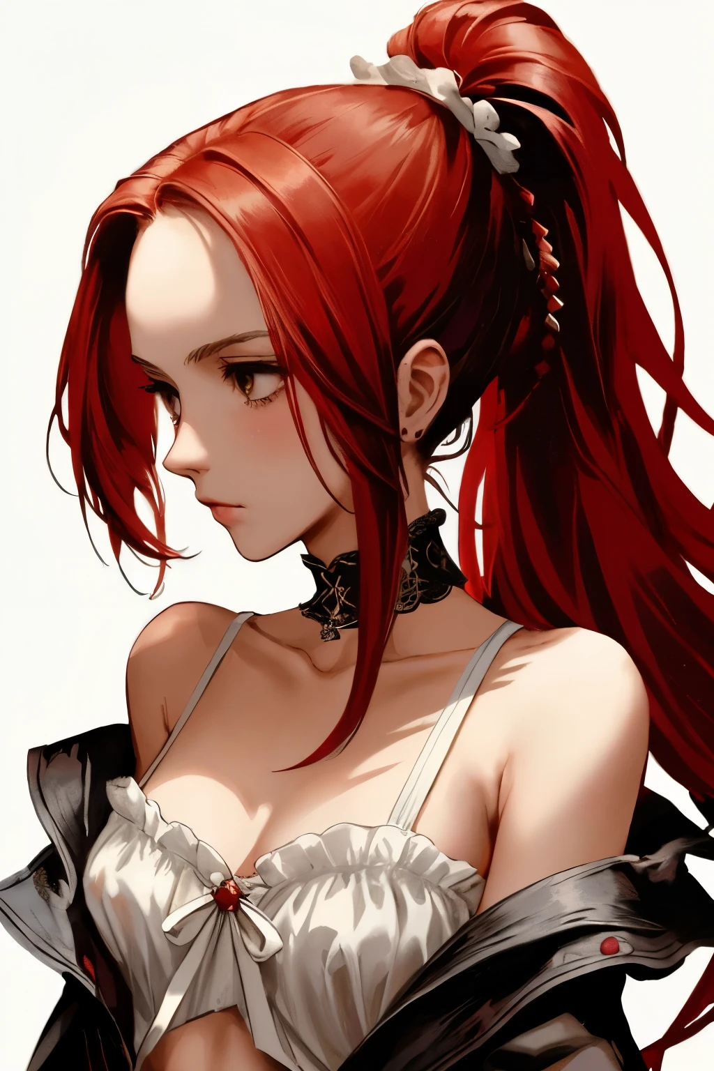 ((best quality)), ((masterpiece)), (detailed), NSFW, small breasts, prominent collarbones, skinny arms, flat stomach, visible hip bones, long hair, red hair, white hair, blonde hair, dark hair, ponytail, thick ponytail, heavy ponytail, red and white clothing, Bloodborne inspired, occult aesthetic, occult, detailed and intricate steampunk and detailed gothic