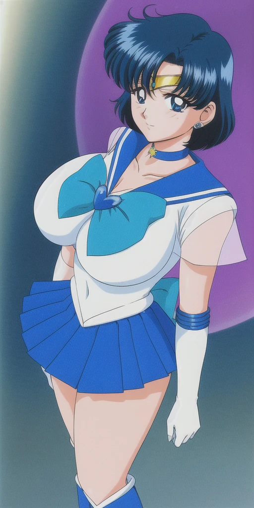 mizuno_ami, huge_breasts, standing, solo, SperSMRC_Blue_skirt_White_gloves_Blue_boots_Blue_star_choker_blue_bowtie_Blue_back_bow_Circlet_Heart_brooch_See-through_sleeves, masterpiece, best quality, detailed face, detailed eyes, highres,