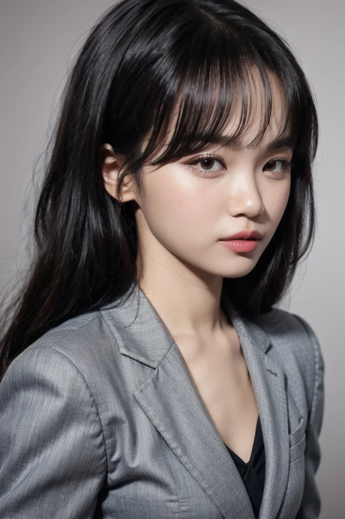 1girl,solo,looking at viewer,portrait,(suit,pant suit:1.2),collared shirt, simple background, 
