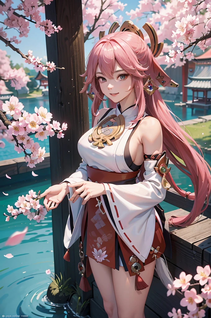 Hair ties, folder, Long eyelashes, Round eyes, A light smile, Ear brush, teeth, Surrealism, Cast a Shadow, Anaglyph, Stereogram, tachi-e, throw, Atmospheric perspective, 8K, Super detailed, Accurate, Highest quality，girl，((Yae Miko in Genshin，Genshin Impact)), Cherry blossom petals surround her, Best Anime，桜の木の前で剣を持っている長い髪のアニメのgirl, anime art wallpaper 4k,A little bit of side boob is visible、White Shrine Maiden Costume
