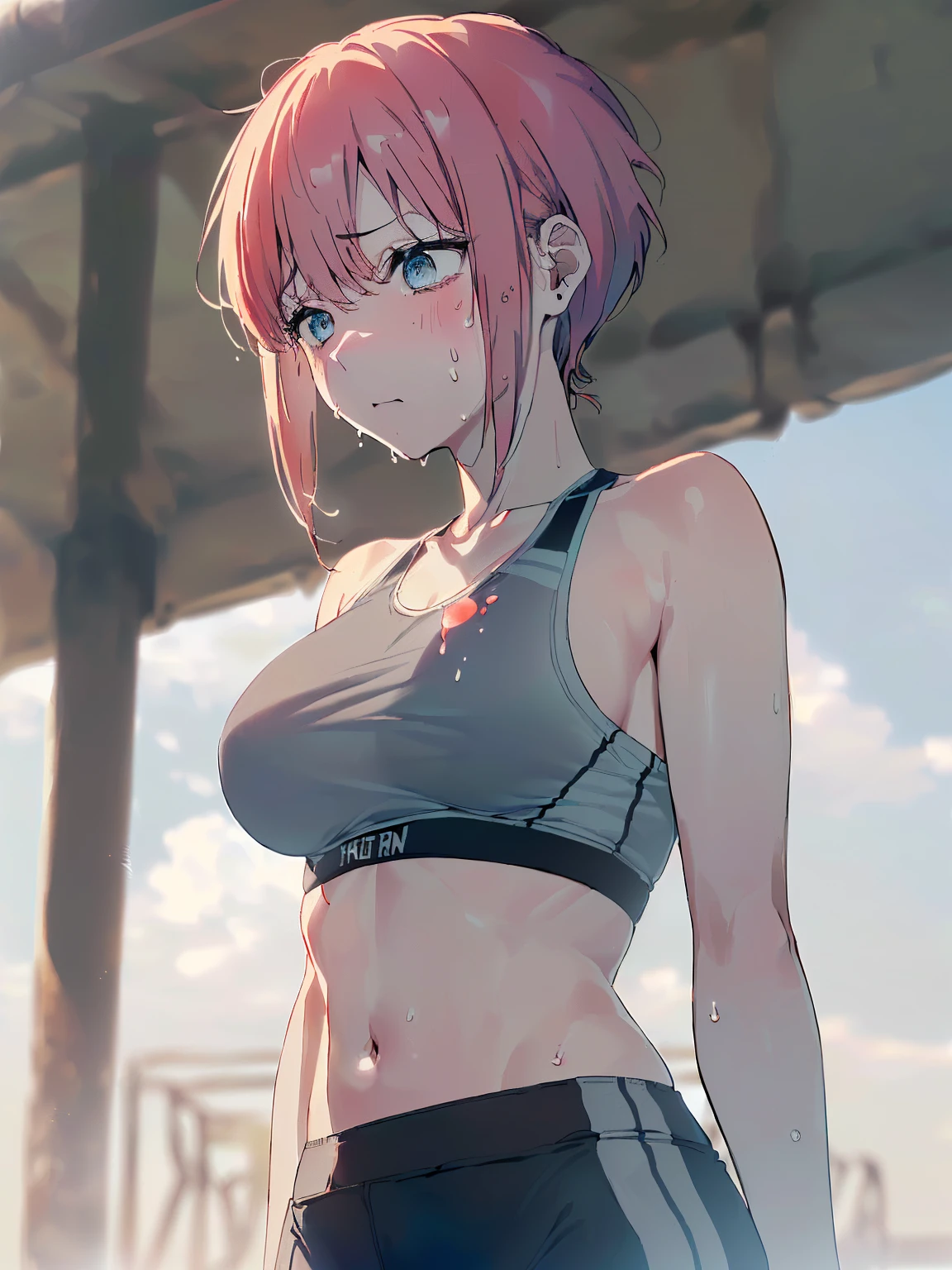 （Sweat, White skin:1.5、Light gray sports bra, ）, cameltoe, Fitness, , ((ブラにSweat染み:1.5, Sweatで濡れている, Sweat染み, stain on grey sports bra:1.5)),Big Breasts, Sturdy body
