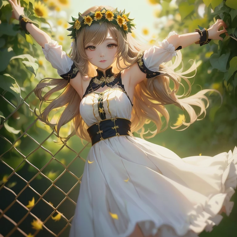 anime girl with long hair and flower crown standing in front of fence, cute anime waifu in a nice dress, beautiful anime girl, anime goddess, pretty anime girl, beautiful anime woman, beautiful anime portrait, cute anime girl, anime style 4 k, anime girl with long hair, [ 4 k digital art ]!!, high quality anime artstyle, beautiful sunflower anime girl