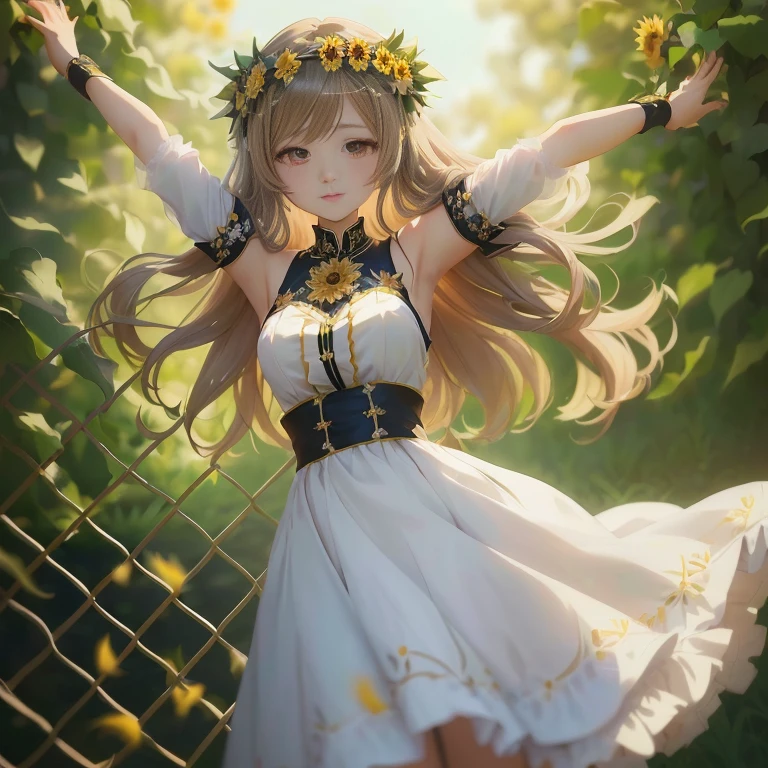 anime girl with long hair and flower crown standing in front of fence, cute anime waifu in a nice dress, beautiful anime girl, anime goddess, pretty anime girl, beautiful anime woman, beautiful anime portrait, cute anime girl, anime style 4 k, anime girl with long hair, [ 4 k digital art ]!!, high quality anime artstyle, beautiful sunflower anime girl