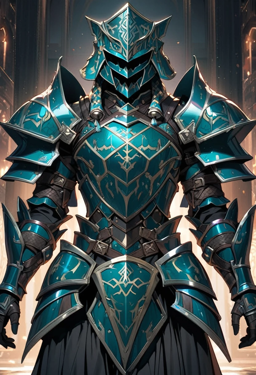 a extremely detailed dark teal colored bell shaped armor set with psychic runes covering the armor