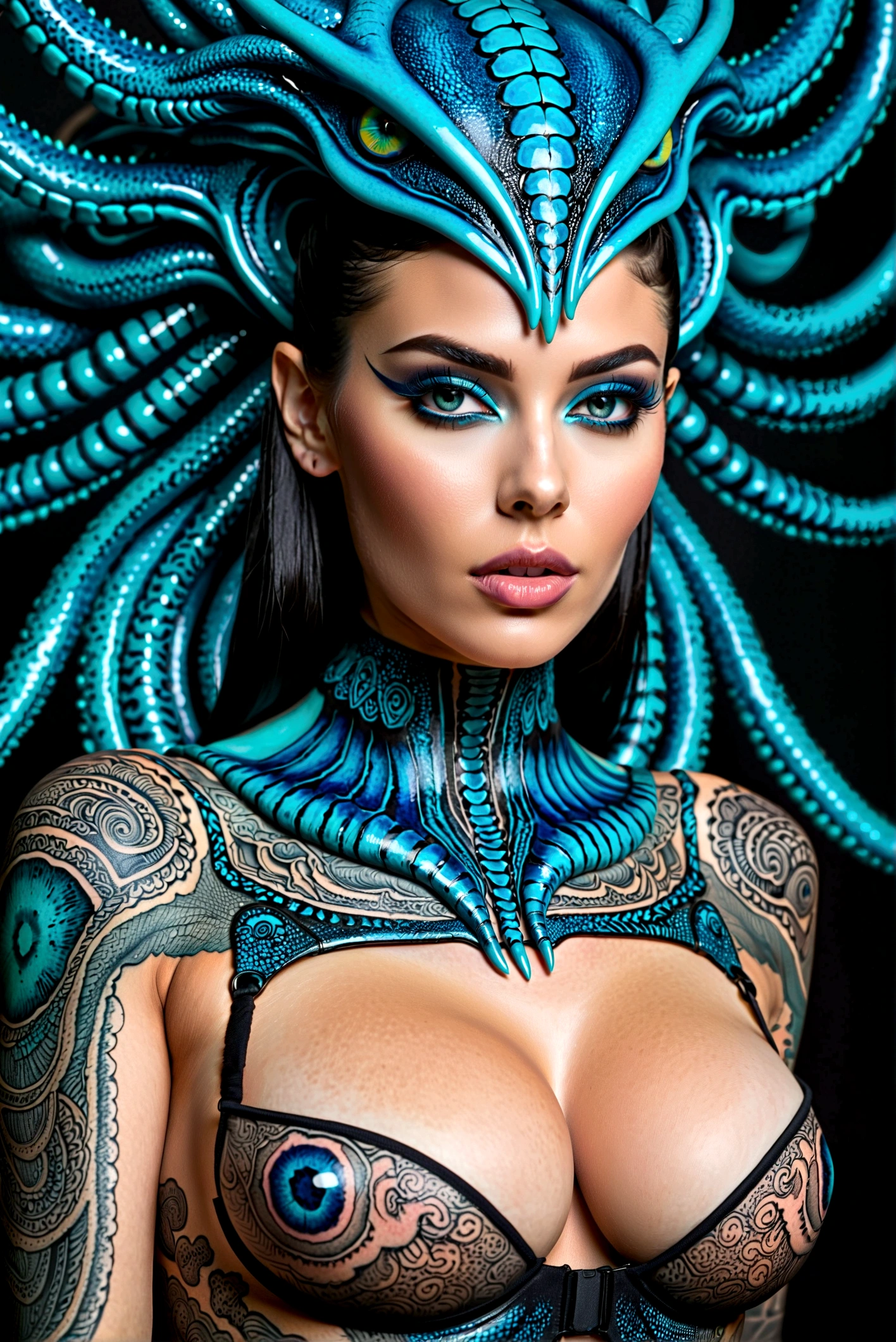 Stunningly gorgeous beautiful perfect hr giger inspired inspired tattooed sexy seductive kaiju , perfect face, hyper detailed vibrant eyes, large breasts, full body view, neon sapphire, nude