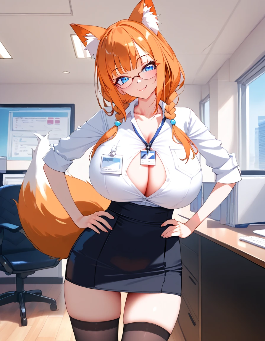 (huge breasts:1.4) (masterpiece) (high quality) (best quality) (1girl), (solo), (slim waist:1.3), (looking at viewer), Shirakami Fubuki, vtuber, office, fox ears, fox tail, black business skirt, stockings, closed white shirt, glasses, id card hanging on neck, head tilt, slight smile, full body portrait, orange hair, braided twintails, baby blue eyes, hands on hips,