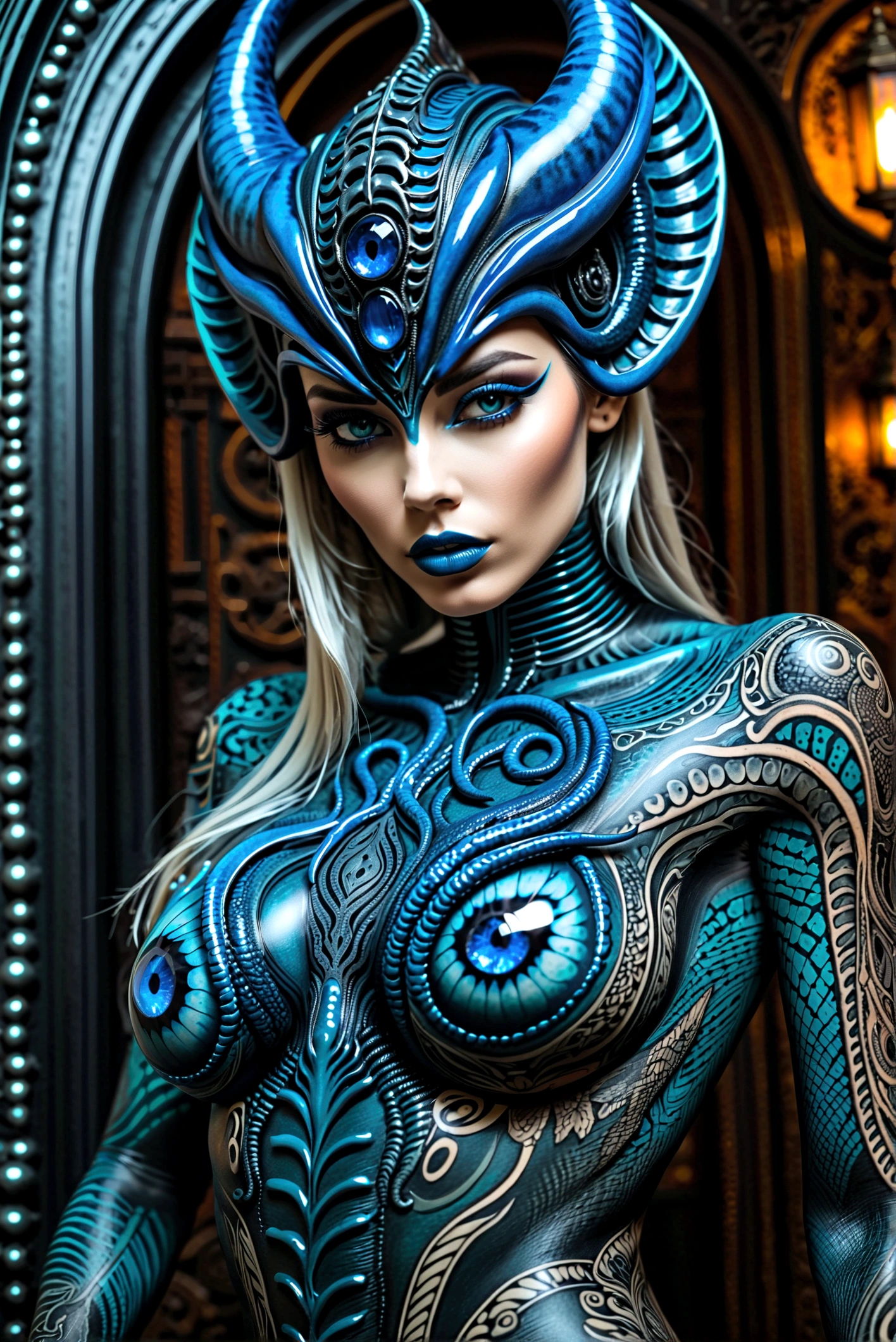 Stunningly gorgeous beautiful perfect hr giger inspired inspired tattooed sexy seductive kaiju , perfect face, hyper detailed neon sapphire eyes, large breasts, full body view, nude