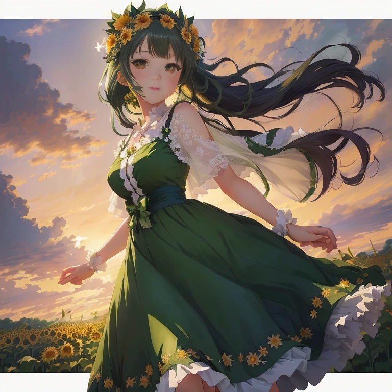 anime girl in green dress with flowers in hair and white lace, in dress, beautiful sunflower anime girl, official art, official artwork, anime moe artstyle, cute anime waifu in a nice dress, marin kitagawa fanart, anime visual of a cute girl, beautiful maiden, rin, high detailed official artwork, beautiful anime girl, palutena