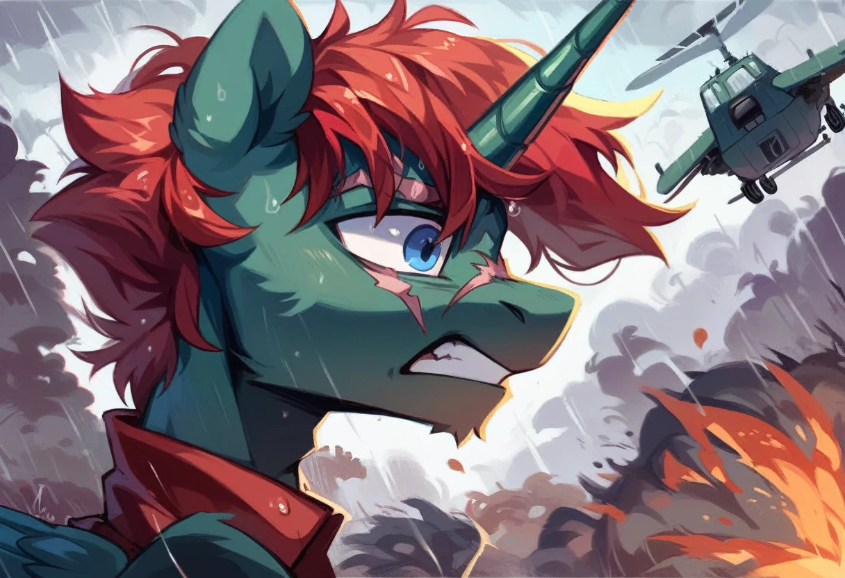 Male alicorn pony, black fur, long red hair, deep blue eyes, red feathers on wings, scar over left eye, red striping, vietnam-era helicopter pilot uniform, boonie hat, in a swamp, explosion in background, raining, wet hair, terrified facial expression, close-up portrait 