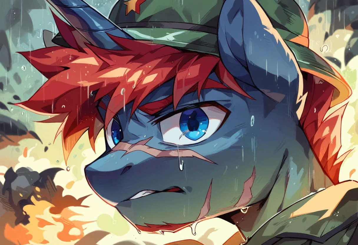 Male alicorn pony, black fur, long red hair, deep blue eyes, red feathers on wings, scar over left eye, red striping, vietnam-era helicopter pilot uniform, boonie hat, in a swamp, explosion in background, raining, wet hair, terrified facial expression, close-up portrait