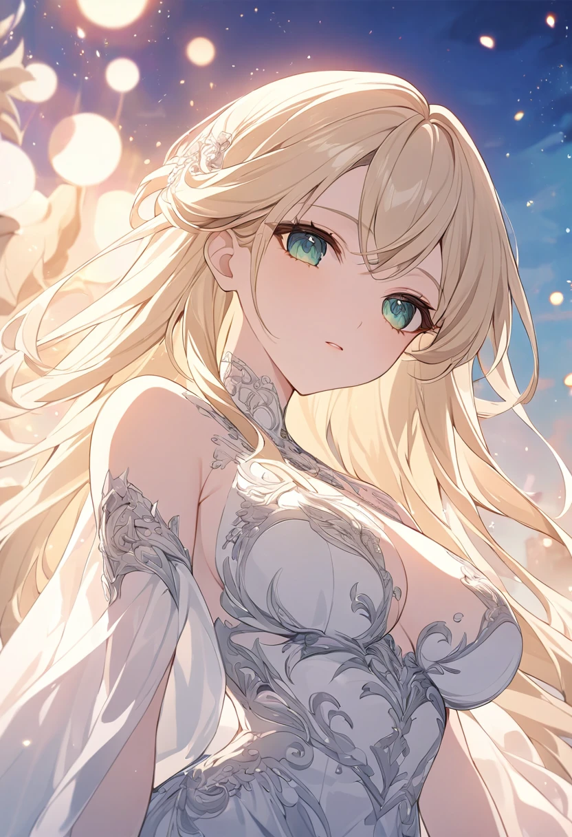 High resolution RAW color art, animation,Sculpture, Silver Marble Skin, (((Highly detailed elegant))), Magical atmosphere, Detailed skin, texture,(Exquisitely crafted, The finer details, Ultra-detailed art), Depth of written boundary, Bokeh, Silky Touch, Hyper Detail,,euphilia, One Girl,Anime girl with long blonde hair and dark turquoise eyes in a white dress, Green Eyes,Beautiful Eyes, Elegant face, Magic City, sunrise, Upper Body, (Big Hips, View from below), Under the chest