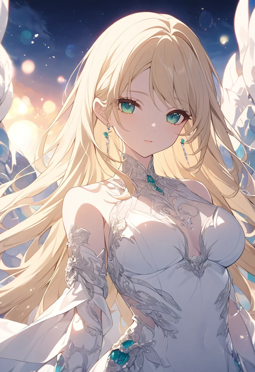 High resolution RAW color art, animation,Sculpture, Silver Marble Skin, (((Highly detailed elegant))), Magical atmosphere, Detailed skin, texture,(Exquisitely crafted, The finer details, Ultra-detailed art), Depth of written boundary, Bokeh, Silky Touch, Hyper Detail,,euphilia, One Girl,Anime girl with long blonde hair and dark turquoise eyes in a white dress, Green Eyes,Beautiful Eyes, Elegant face, Magic City, sunrise, Upper Body, (Big Hips, View from below), Under the chest