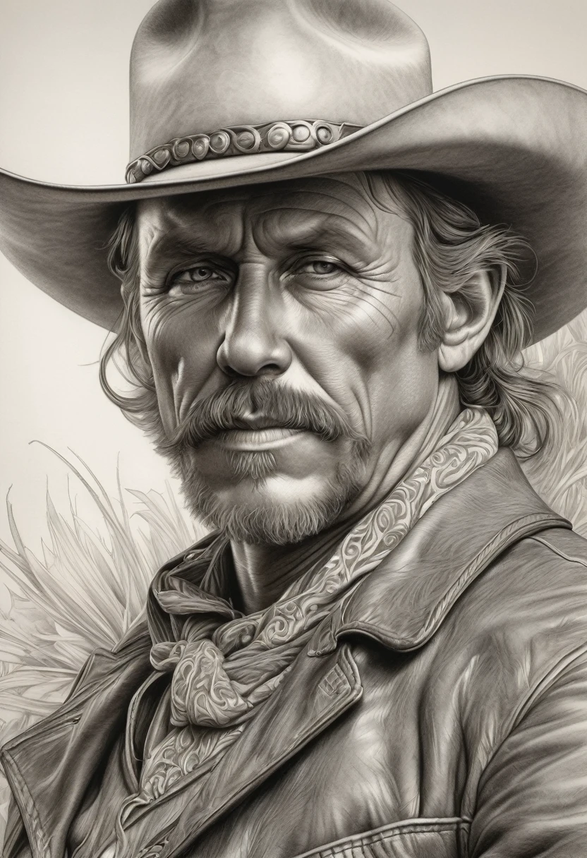 portrait of a cowboy], intricate lines, highly detailed, B&EM, monochrome, black and white, graphite, pencil painting, charcoal, (high contrast: 1.1), an Old West gunslinger with a determined appearance and a gun on his back . The image is inspired by stories from the old west, as if he were about to face a deadly duel. Colors should be vibrant and contrasting, like those of Alphonse Mucha. The details must be delicate and complex, like Mucha's. The lines should be thick and almost erased, like street art prints. The lines that delimit the shapes should favor thicker, straighter angles.