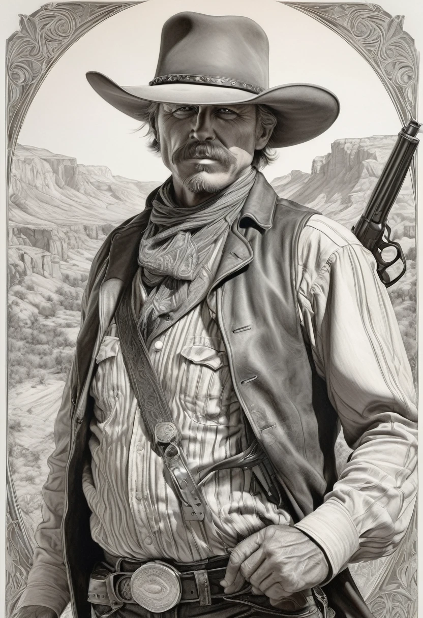 portrait of a cowboy], intricate lines, highly detailed, B&EM, monochrome, black and white, graphite, pencil painting, charcoal, (high contrast: 1.1), an Old West gunslinger with a determined appearance and a gun on his back . The image is inspired by stories from the old west, as if he were about to face a deadly duel. Colors should be vibrant and contrasting, like those of Alphonse Mucha. The details must be delicate and complex, like Mucha's. The lines should be thick and almost erased, like street art prints. The lines that delimit the shapes should favor thicker, straighter angles.