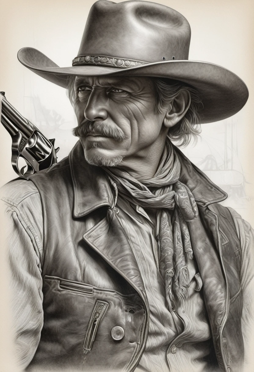 portrait of a cowboy], intricate lines, highly detailed, B&EM, monochrome, black and white, graphite, pencil painting, charcoal, (high contrast: 1.1), an Old West gunslinger with a determined appearance and a gun on his back . The image is inspired by stories from the old west, as if he were about to face a deadly duel. Colors should be vibrant and contrasting, like those of Alphonse Mucha. The details must be delicate and complex, like Mucha's. The lines should be thick and almost erased, like street art prints. The lines that delimit the shapes should favor thicker, straighter angles.