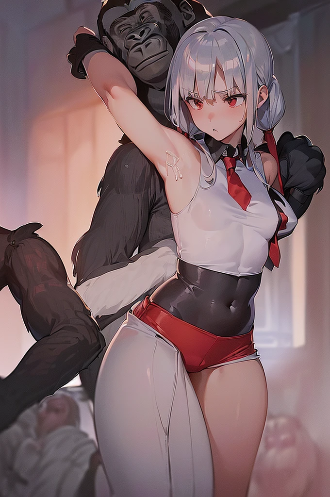 masterpiece, best quality,anime style, 1 girl,(((slender body))), (((small breast))),(((hot pants, white tanktop,red tie))),(((((a gorilla man grabbing the girl))))), ((((restrained, arms behind back)))),((((cum)))), (beautiful face), (((short twintail))), (((straight hair))), ((((silver hair)))),detailed beautiful skin, (perfect hands, perfect anatomy)