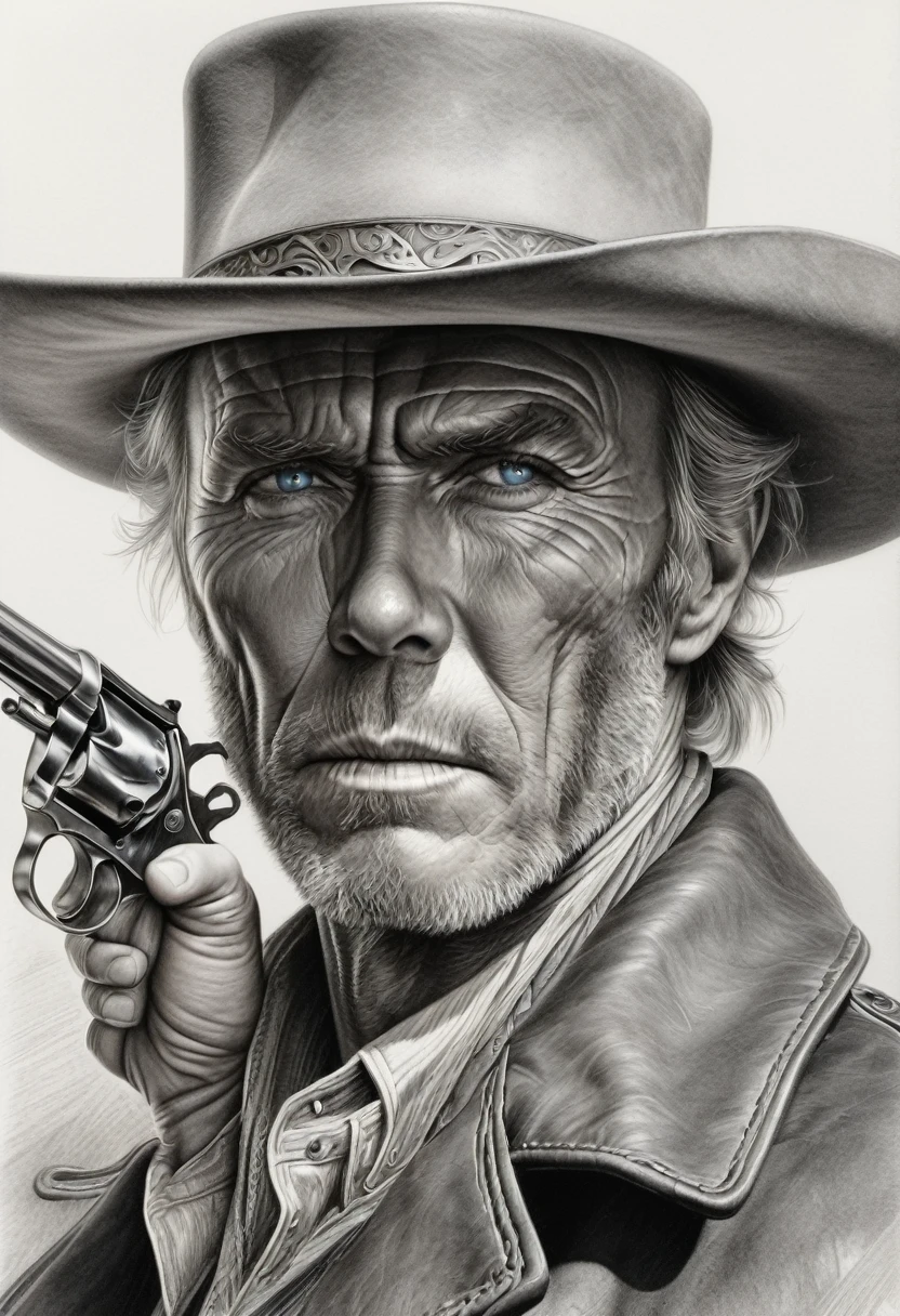 portrait, [:light Blue:15] eyes, Intricate lines, highly detailed, B&EM, monochrome, black and white, graphite, pencil painting, charcoal, (High contrast:1.1), An Old West gunslinger, with a determined look and a gun in his he. The image is inspired by the works of Clint Eastwood, such as "The Lone Gunman" and "The Good, the Bad and the Ugly". The gunslinger must have an air of mystery and danger, as if he were about to face a deadly duel. Colors must be vibrant and contrasting, like those of Alphonse Mucha. The details must be delicate and complex, like Mucha's. The strokes should be thick and almost erased, like street art prints. The lines that delimit shapes should privilege more gross and straight angles.