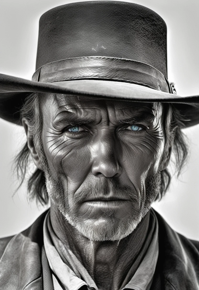 portrait, [:light Blue:15] eyes, Intricate lines, highly detailed, B&EM, monochrome, black and white, graphite, pencil painting, charcoal, (High contrast:1.1), An Old West gunslinger, with a determined look and a gun in his he. The image is inspired by the works of Clint Eastwood, such as "The Lone Gunman" and "The Good, the Bad and the Ugly". The gunslinger must have an air of mystery and danger, as if he were about to face a deadly duel. Colors must be vibrant and contrasting, like those of Alphonse Mucha. The details must be delicate and complex, like Mucha's. The strokes should be thick and almost erased, like street art prints. The lines that delimit shapes should privilege more gross and straight angles.